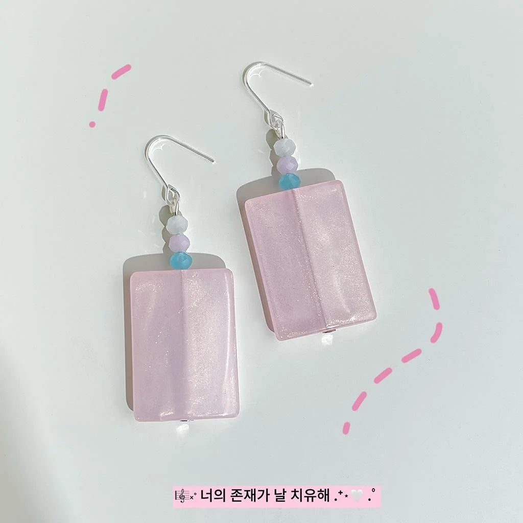 Fresh Sweet Pink Glass Crystal Geometric Rectangle Drop Earrings Vacation Style Handmade Jewelry