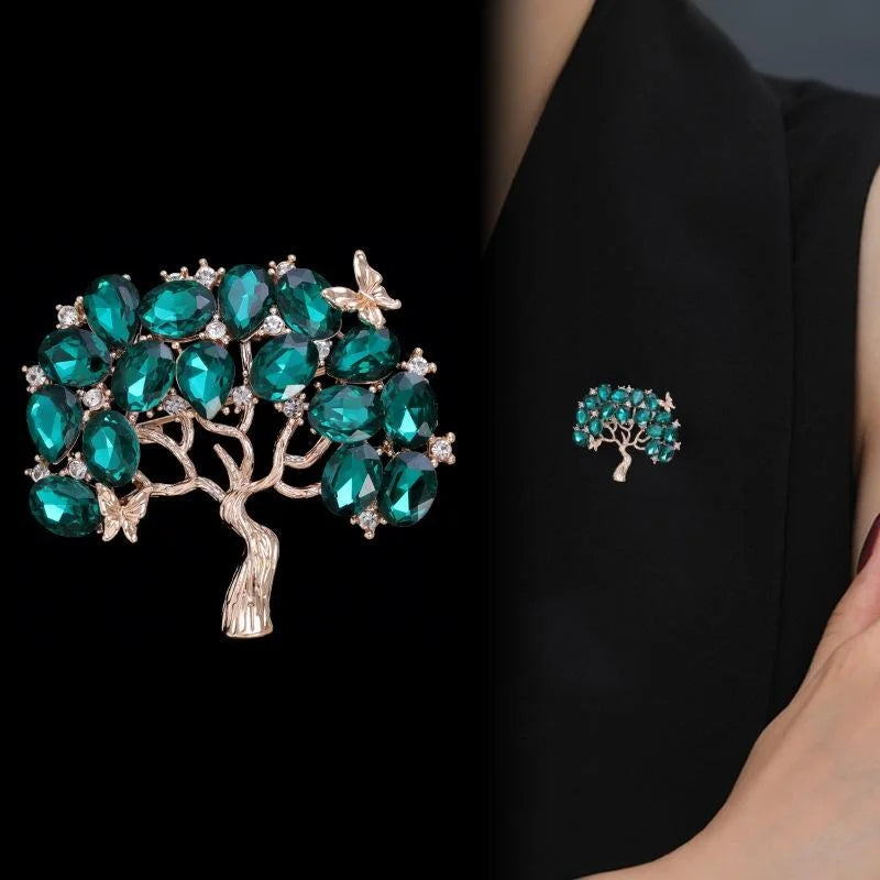 Elegant Green Rhinestone Money Tree Brooch, Gold Tone Alloy Branch Lapel Pin Corsage Suit Accessory Gift