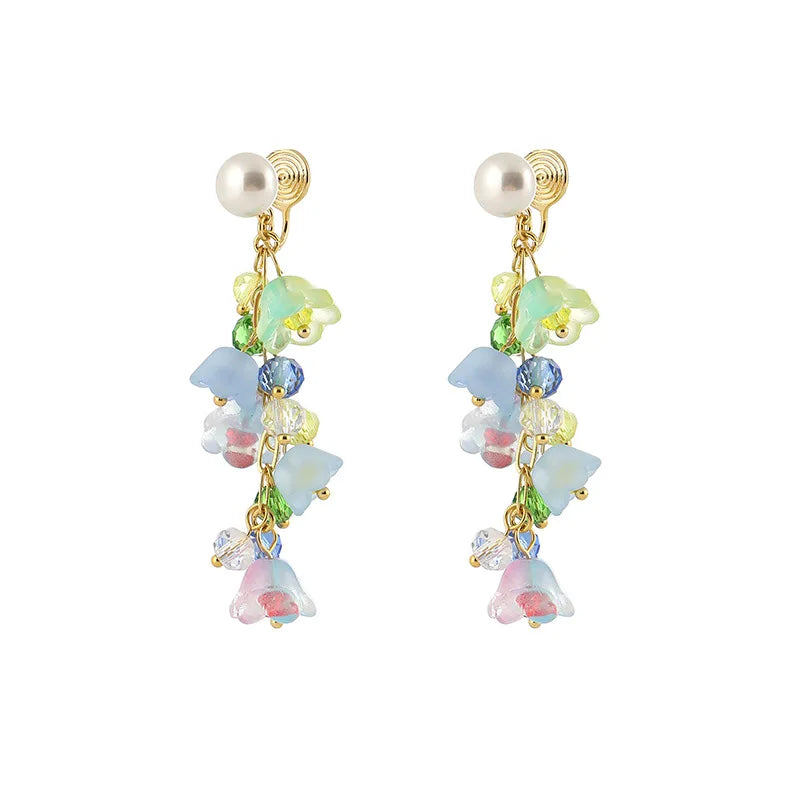 Elegant Lily Of The Valley Flower Pearl Crystal Alloy Tassel Stud & Clip On No Piercing Earrings
