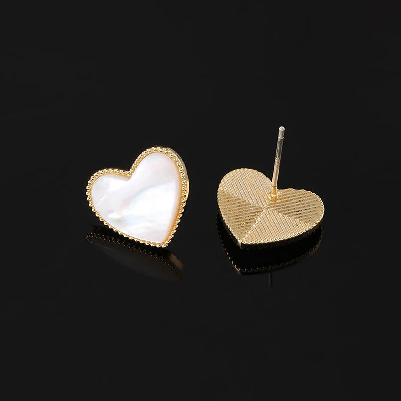 Elegant Natural Shell Heart Stud & Clip On No Piercing Gold Alloy Beaded Edge Sweet Women Earrings