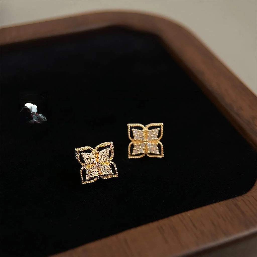 14K Gold Plated Copper Micro Pave Zircon Floral Geometric Stud Earrings, French Minimalist Jewelry