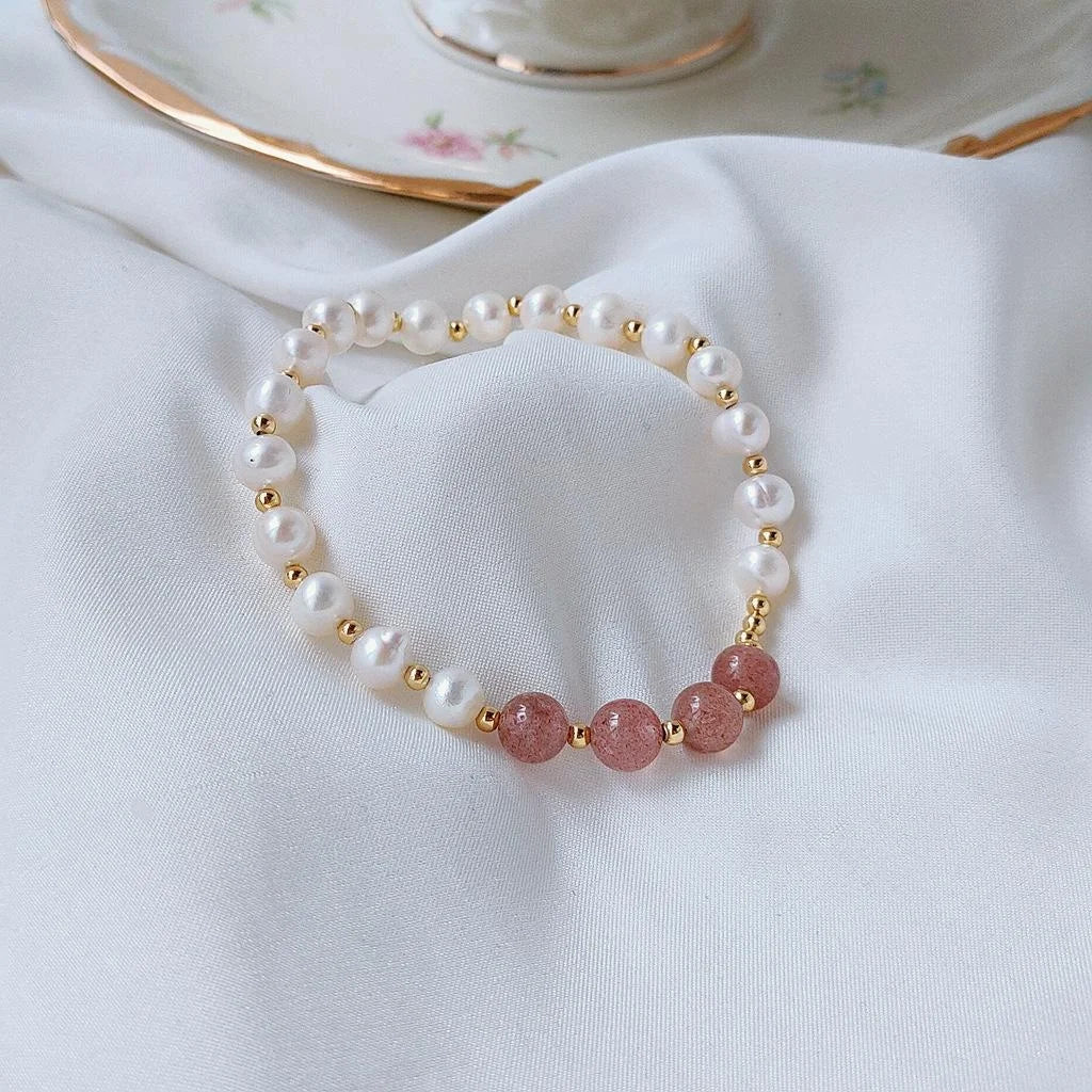 Korean Style Natural Freshwater Pearl Strawberry Quartz Geometric Ring Adjustable Bracelet