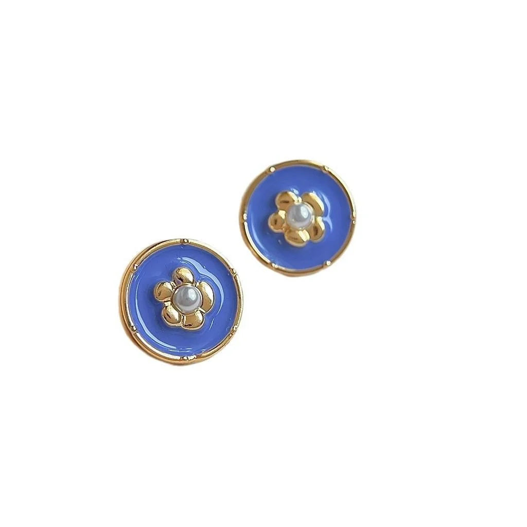 French Vintage Enamel Glazed Copper Floral Round Stud Earrings For Women