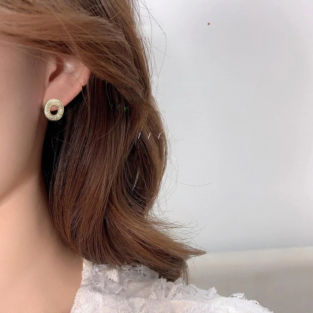 14K Gold Plated Copper Micro Pave Zircon Geometric Hollow Round Stud Earrings