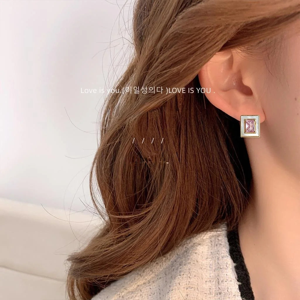 Luxury Pink Zircon Real Shell Geometric Rectangle 14K Plated Copper Stud Earrings