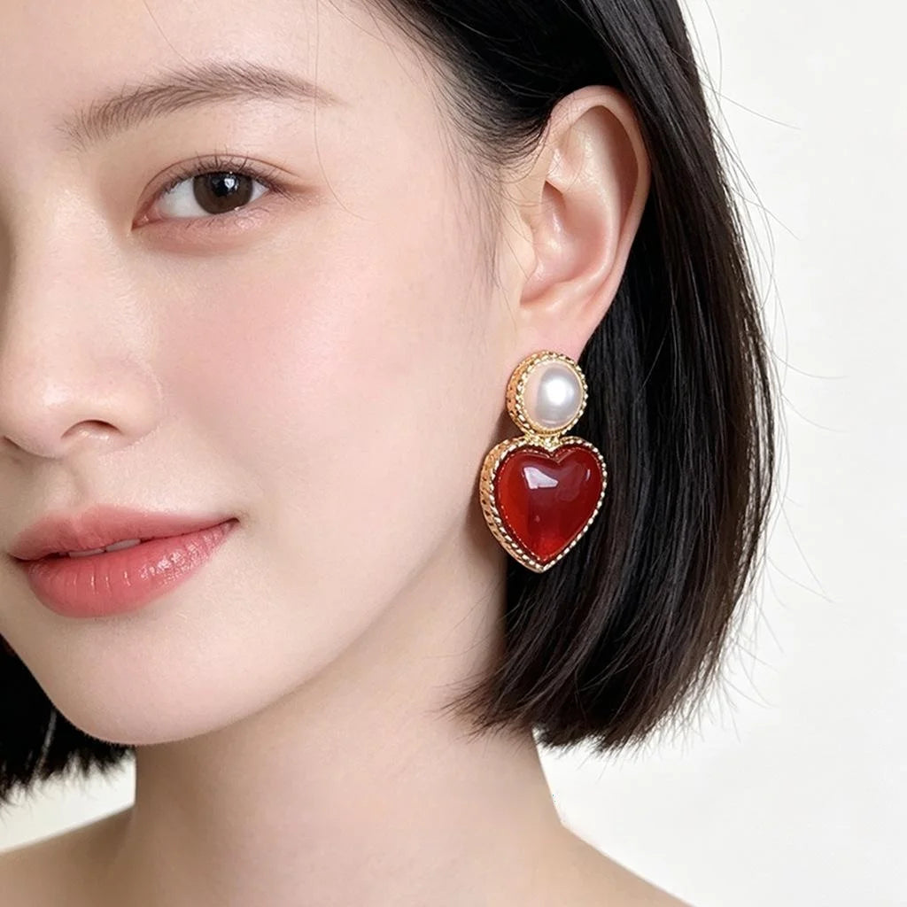 Vintage Burgundy Heart Drop Earrings Eco-Friendly Copper Oversized Retro Hong Kong Style Jewelry