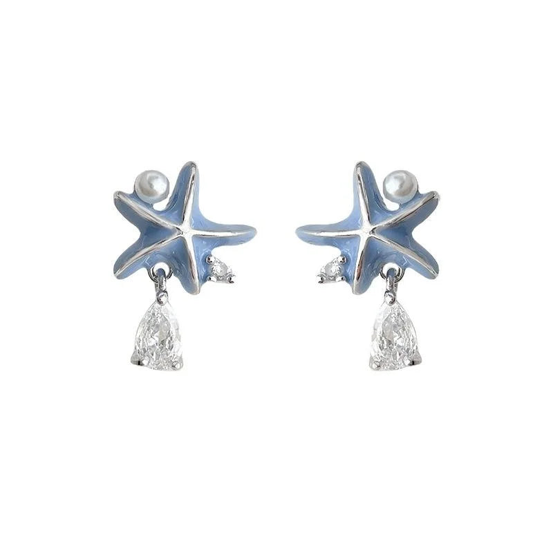 Eco Copper Enamel Starfish Stud Earrings With Micro Pave Zircon Korean Sweet Style