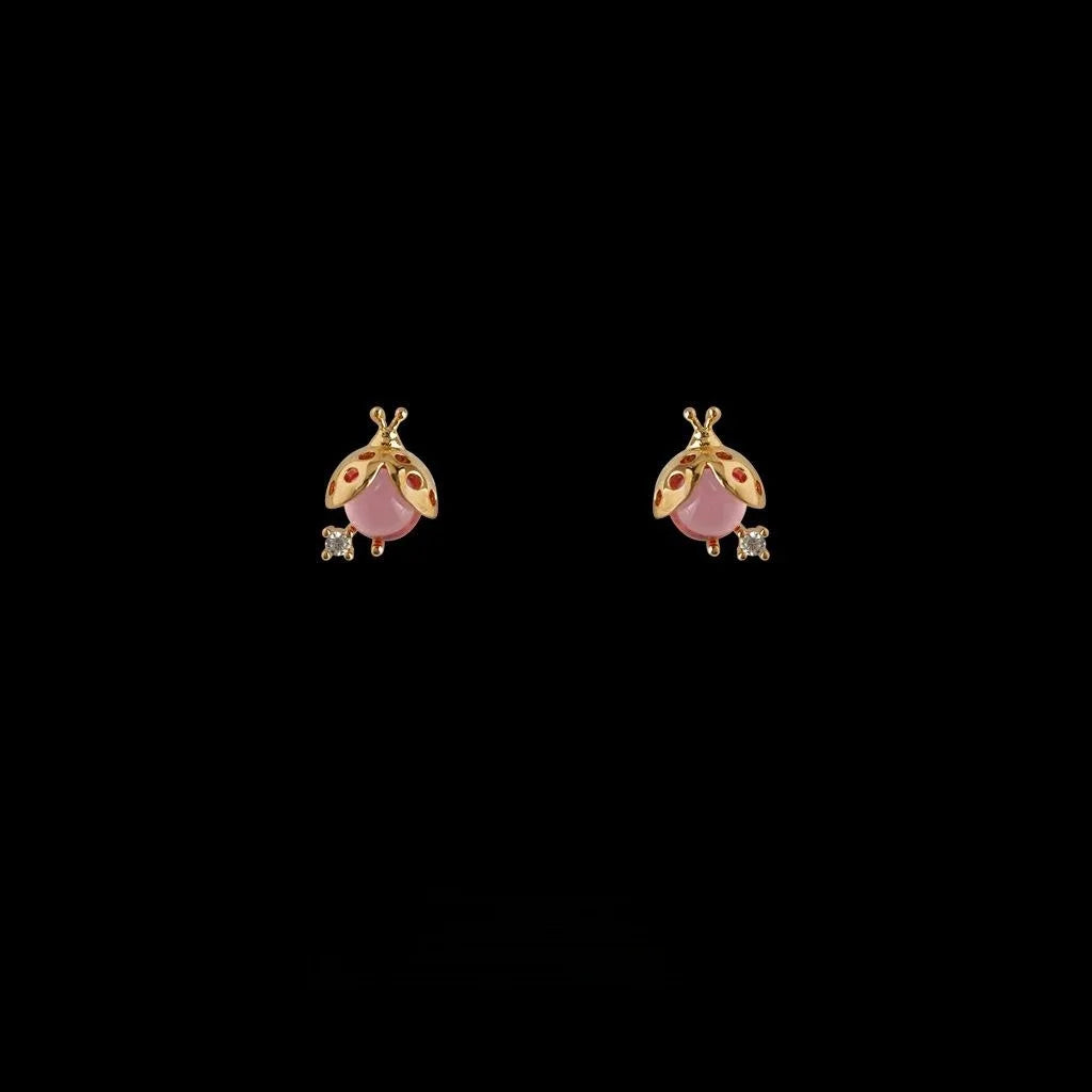 Mini Beetle Stud Earrings 14K Gold Plated Copper Micro Pave Zircon Cute Sweet Forest Style