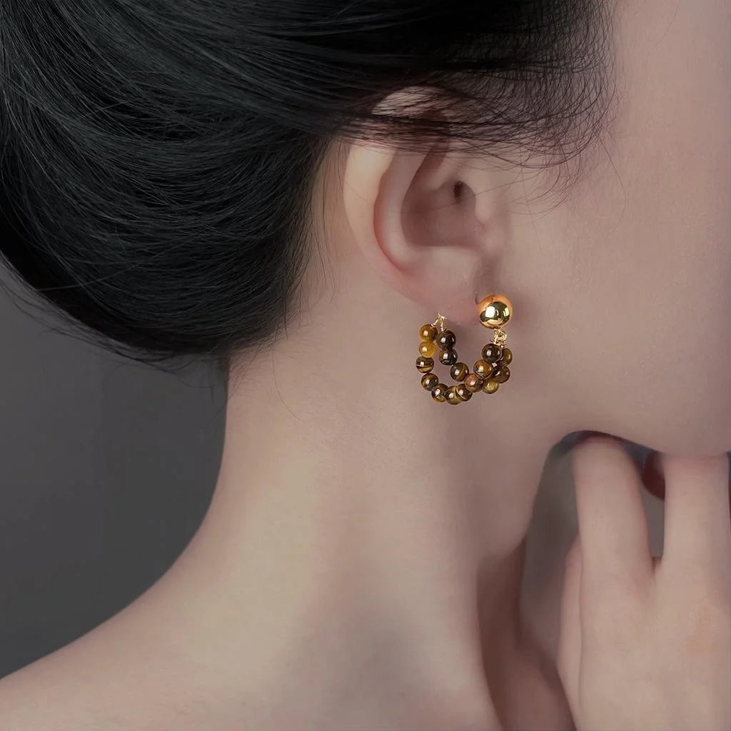 Maillard Style Tiger Eye Natural Stone Drop Earrings, U-Shaped Copper Geometric Front-Back Jewelry