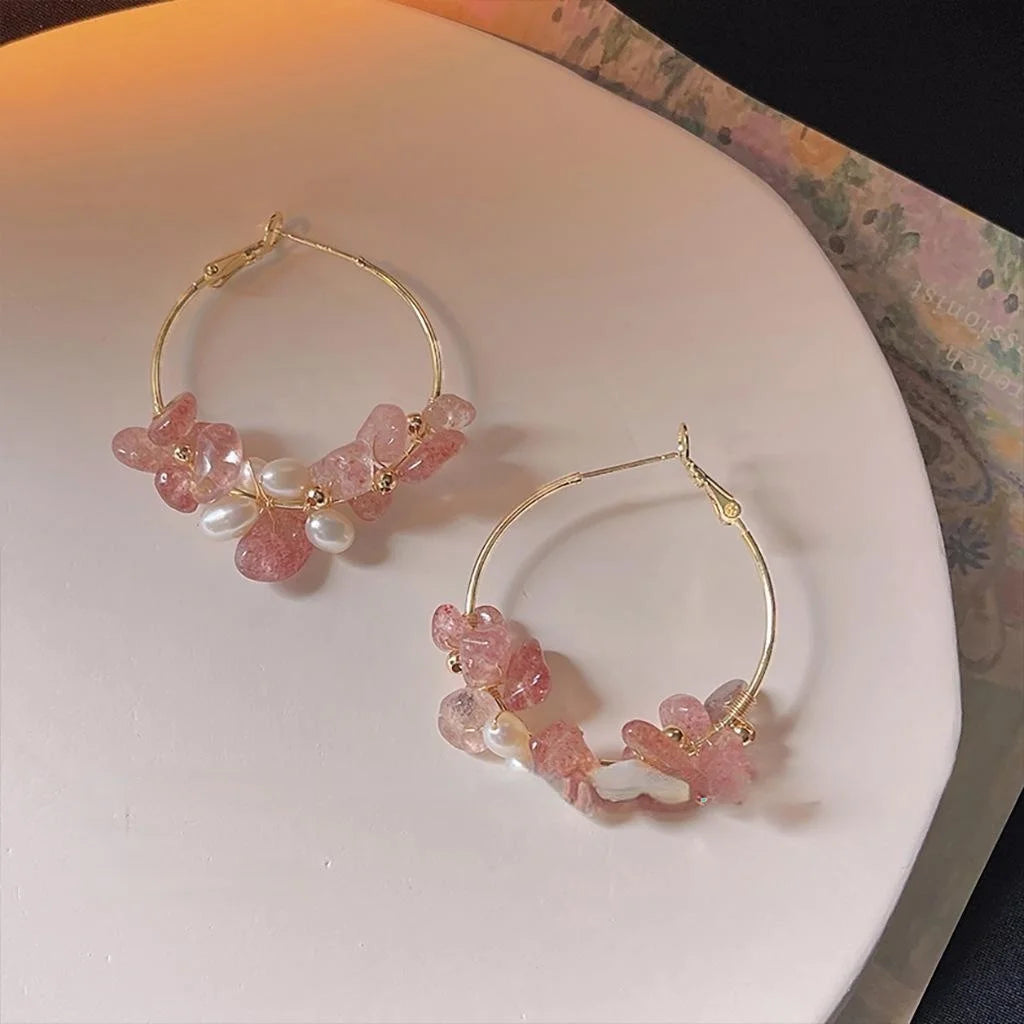 Sweet Handmade 14K Plated Copper Strawberry Quartz Freshwater Pearl Irregular Geometric Stud Earrings