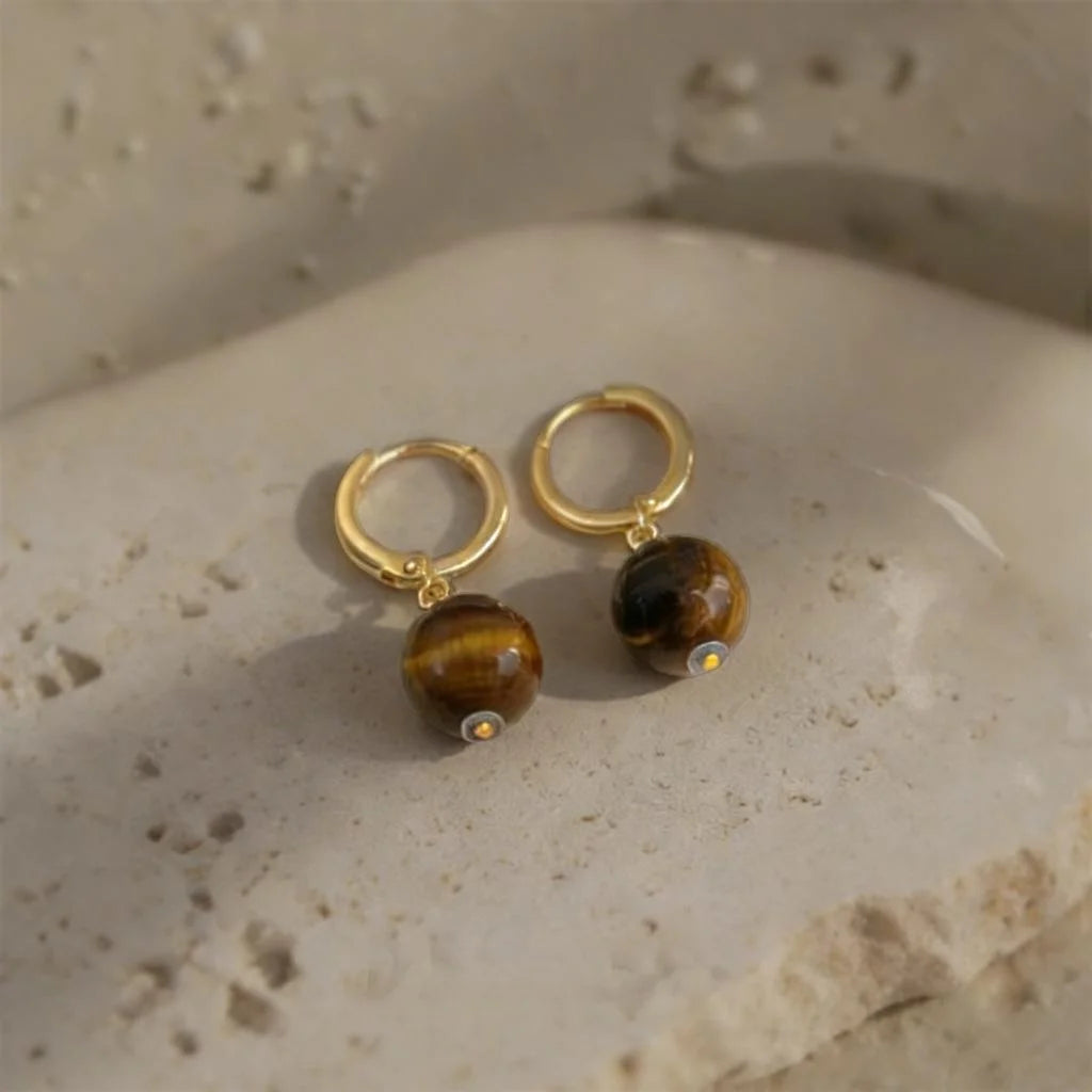 Maillard Style Copper Tiger Eye Geometric Round Hoop Earrings For Women Retro Luxury Jewelry