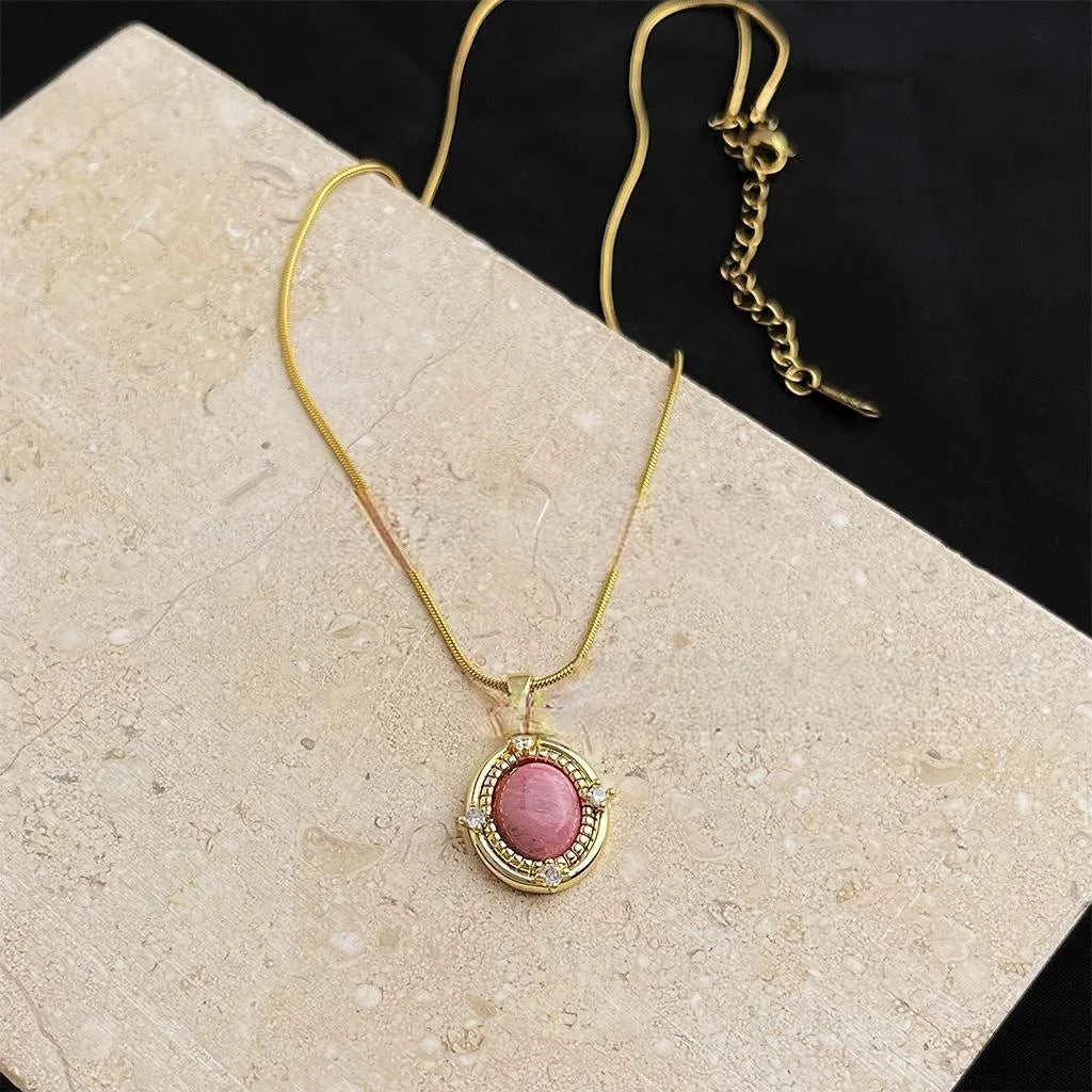 18K Gold Plated 304 Stainless Steel Red Wood Grain Natural Stone Geometric Necklace For Women