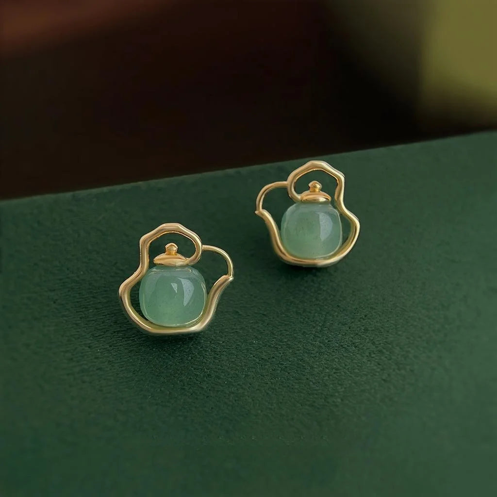 Designer Natural Aventurine Jade Teapot Stud Earrings 14K Plated Copper New Chinese Jewelry