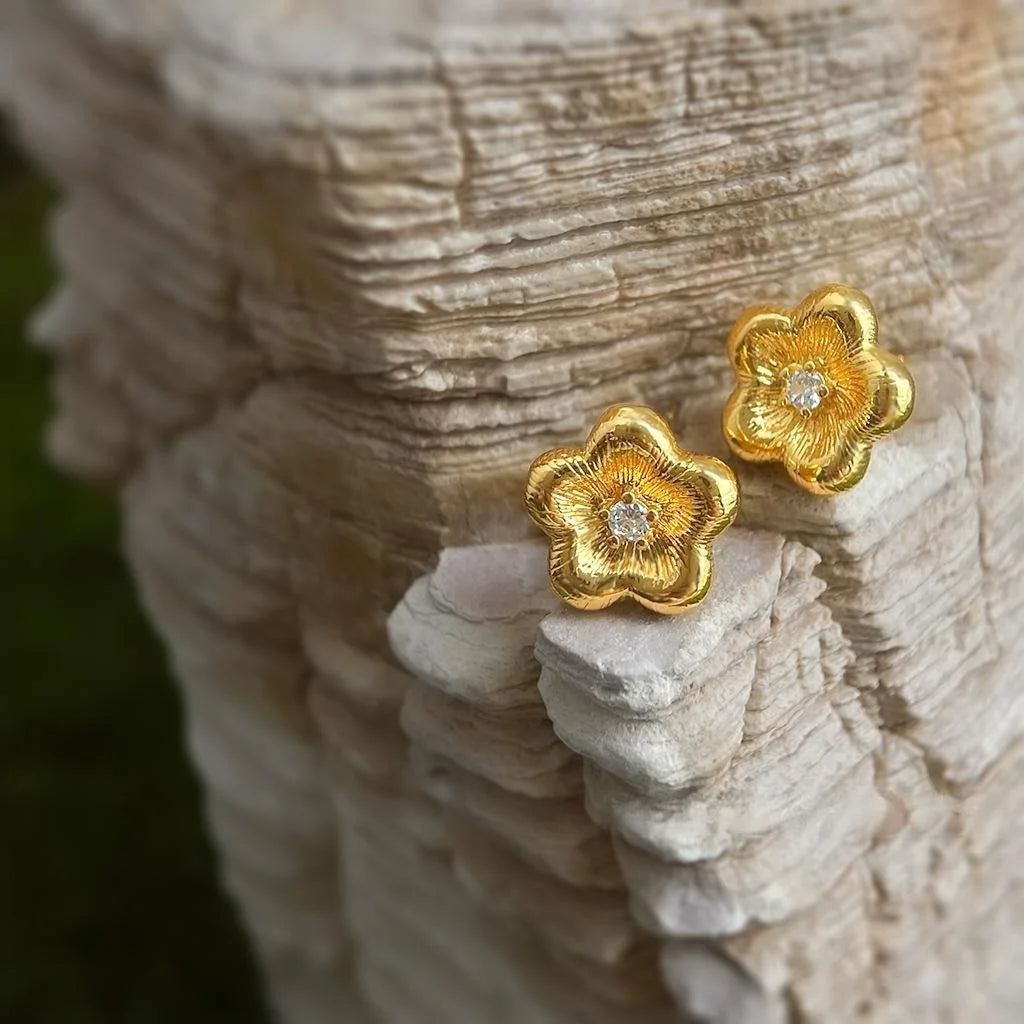 Vintage Brushed 14K Gold Plated Copper Flower Zircon Stud Earrings