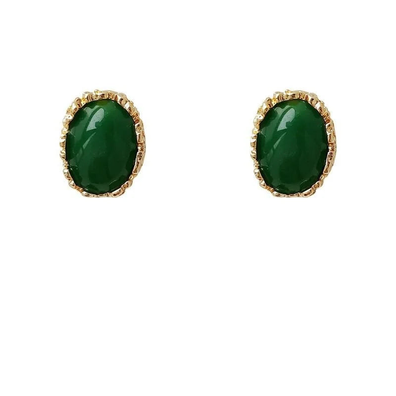 Vintage Style Copper Oval Emerald Green Statement Stud Earrings For Women