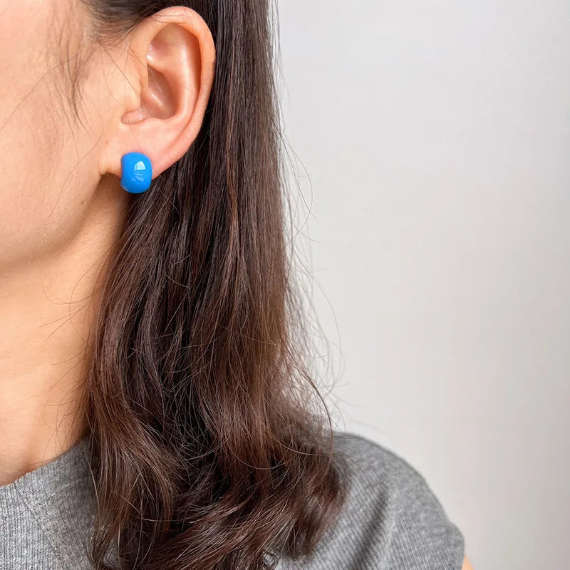 Elegant Klein Blue Enamel Rounded Bean Stud & Clip On No Piercing Women's Fashion Earrings