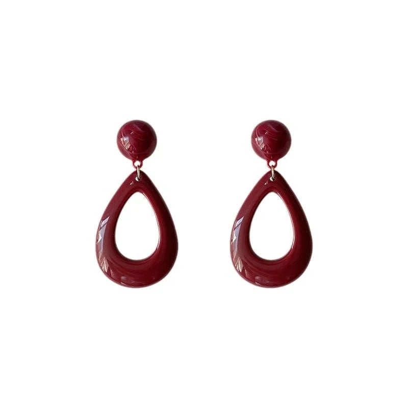 Burgundy Acrylic Waterdrop Stud Earrings Silver Plated Pin French Retro Hong Kong Style Jewelry