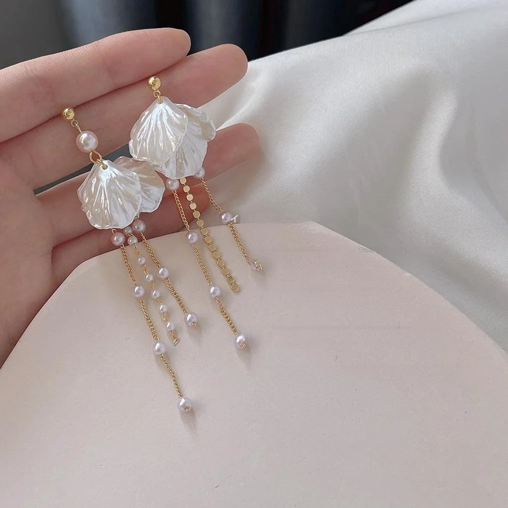 Korean Style Copper Flower Pearl Long Tassel Stud Earrings With 14K Plated Pins