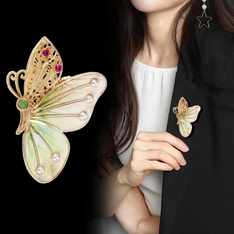Luxury Blue Enamel Butterfly Brooch With Rhinestone And Pearl Accents, Elegant Lapel Pin Corsage Gift