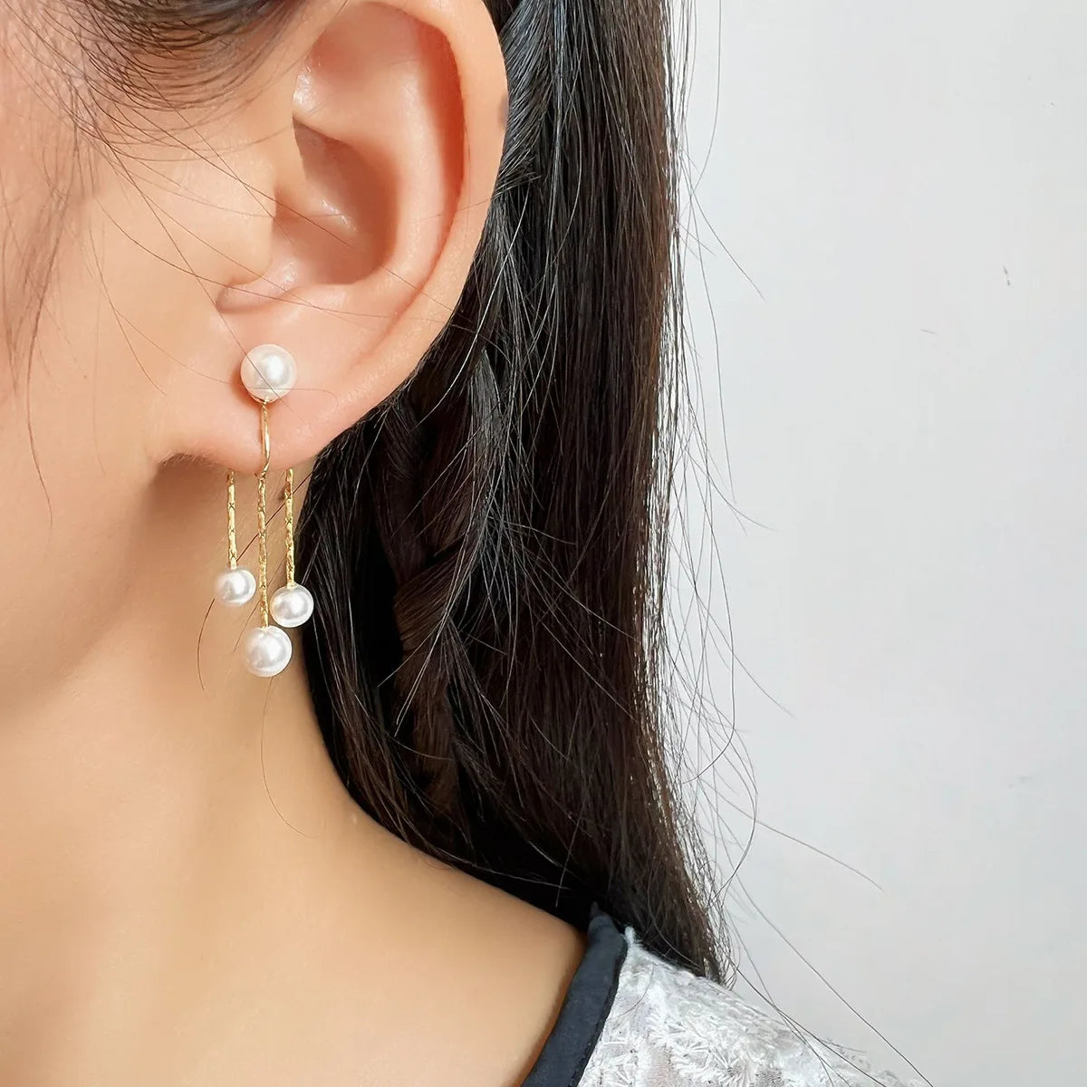 Elegant Pearl Tassel Spiral Disc Alloy Stud & Clip On No Piercing Back Hanging Drop Earrings