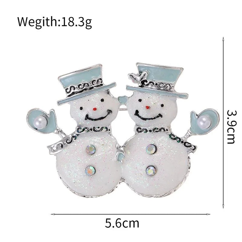 Cute Christmas Double Snowman Enamel Brooch With Rhinestone And Pearl Accents, Festive Lapel Pin Gift