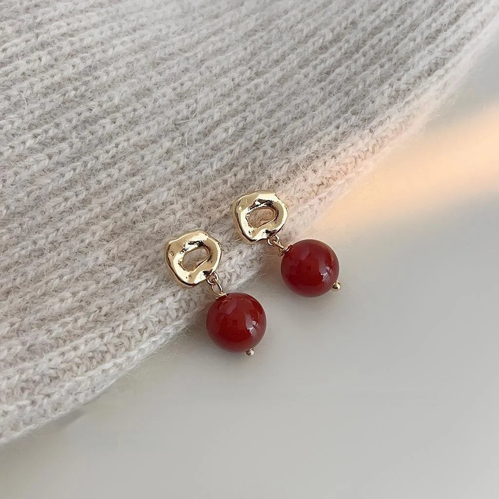 Natural Red Agate 14K Plated New Chinese Palace Style Round Geometric Drop Earrings