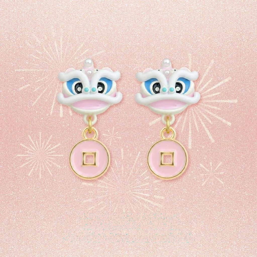 Pink Enamel Lion Dance Drop Earrings, Copper Sweet Girl Animal Jewelry
