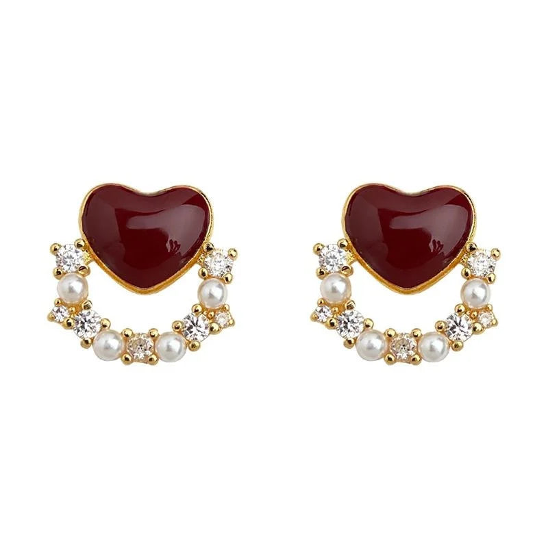 Burgundy Heart Stud Earrings Micro Pave Zircon Enamel Gold Plated Copper Vintage Style