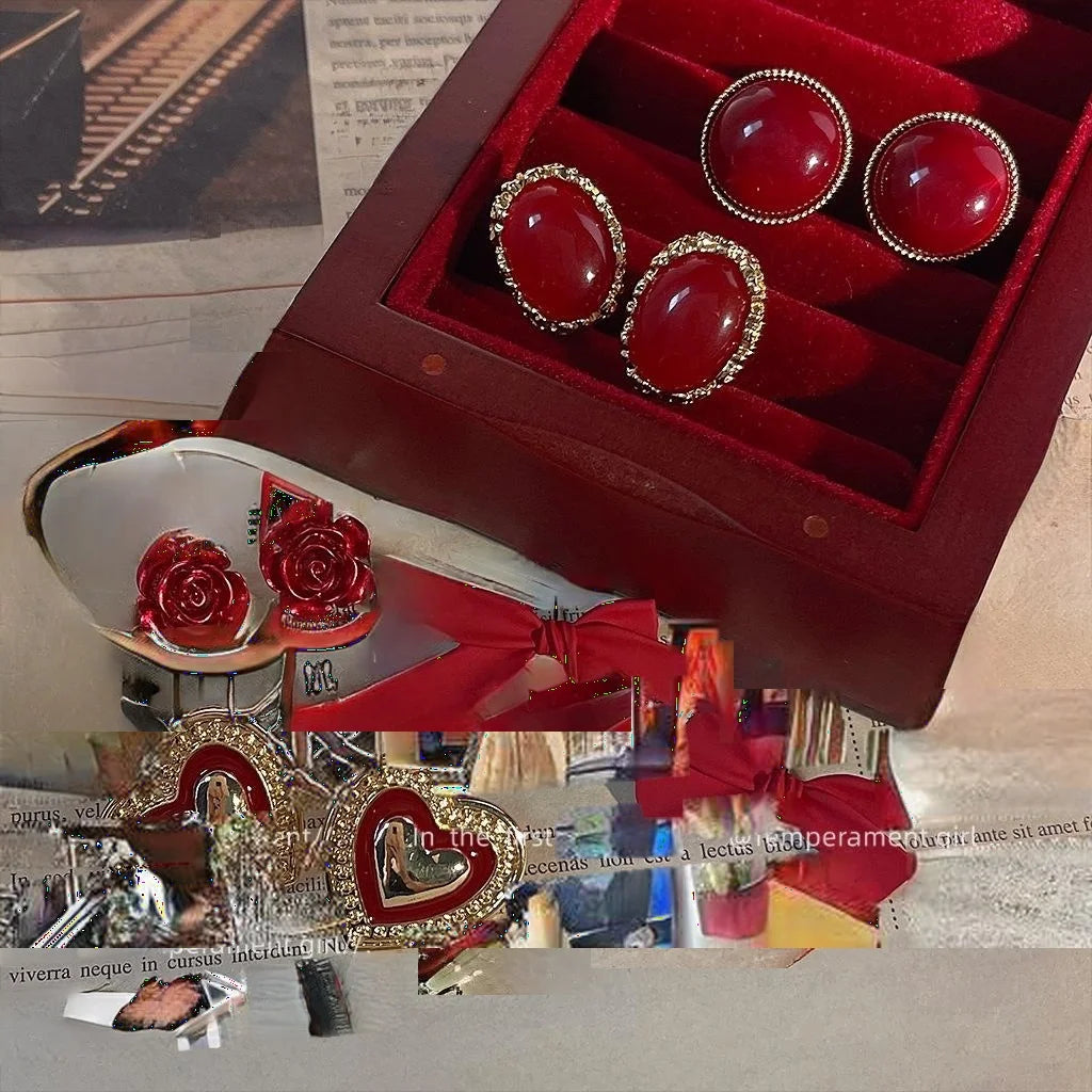 French Vintage Alloy Red Heart Geometric Stud Earrings Elegant Hong Kong Style Jewelry