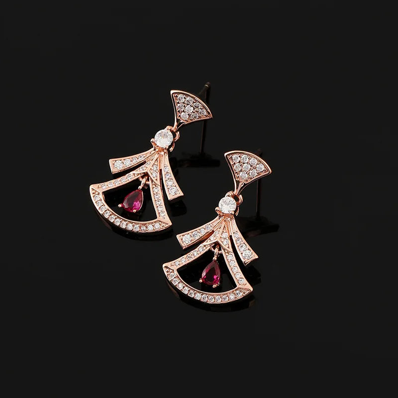 Elegant Fan Skirt Zircon Rhinestone Drop Stud & Clip On No Piercing Rose Gold Alloy Earrings