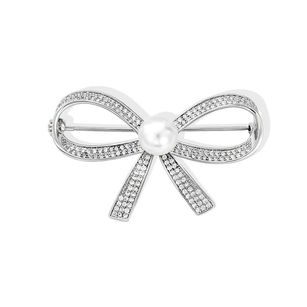 Elegant Rhinestone Zircon Bow Brooch With Pearl Center, Women's Fashion Lapel Pin Corsage Suit Accessory