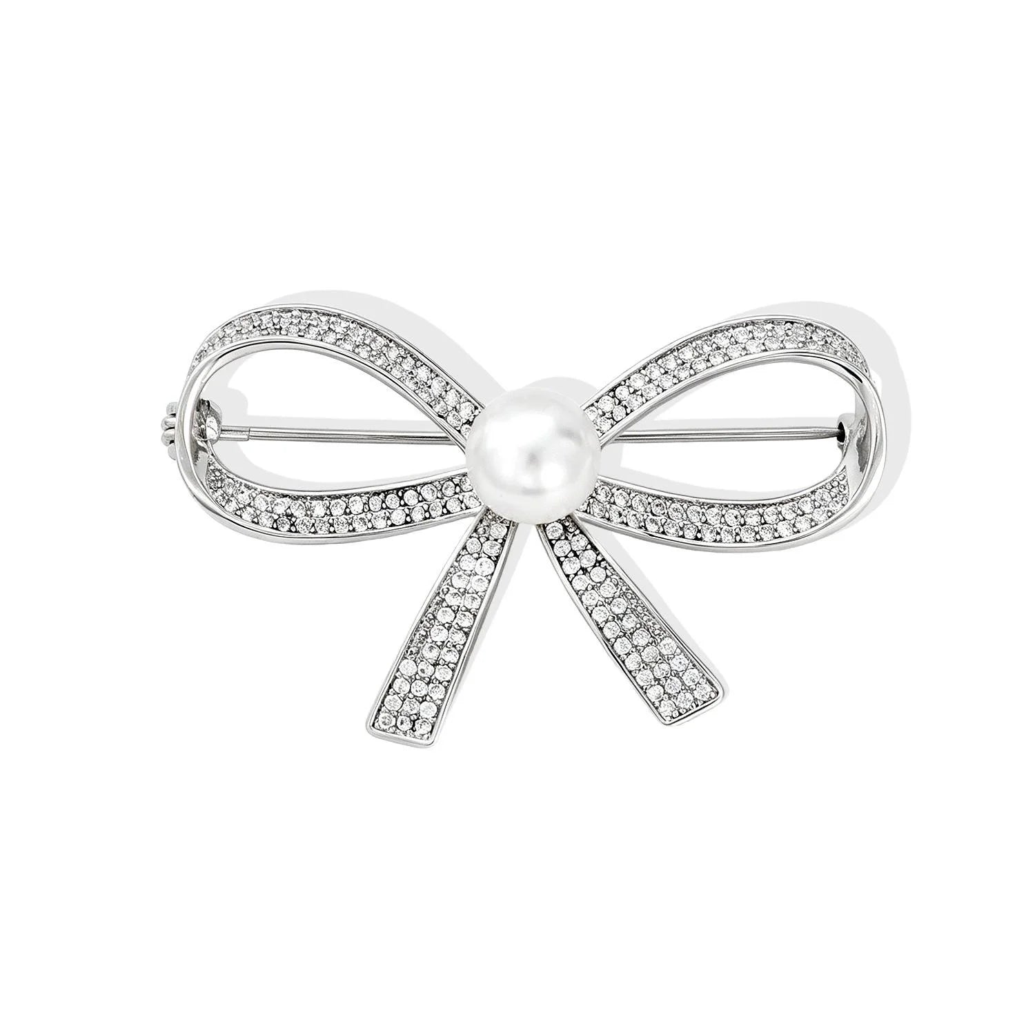 Elegant Rhinestone Zircon Bow Brooch With Pearl Center, Women's Fashion Lapel Pin Corsage Suit Accessory