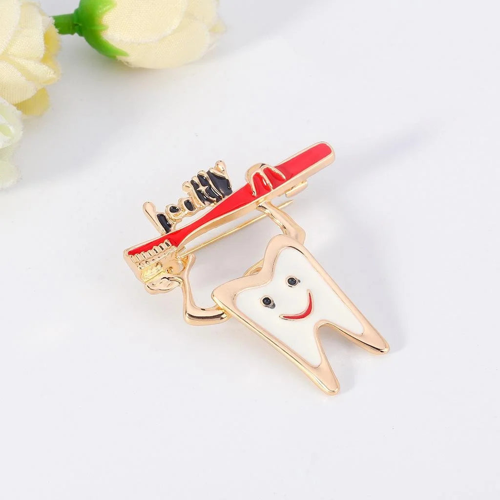 Cute Enamel Tooth And Toothbrush Brooch, Creative Alloy Dentist Lapel Pin Corsage Gift For Women