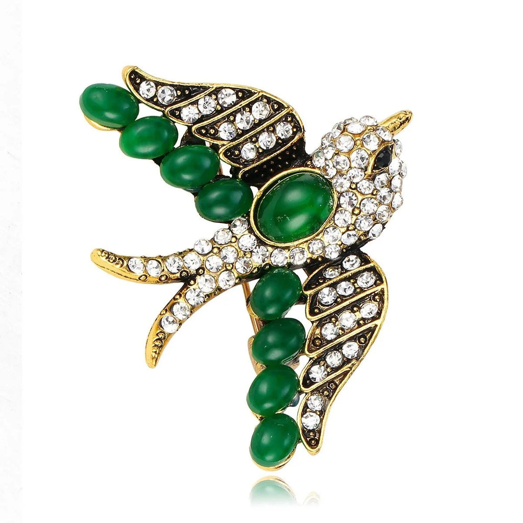 Elegant Chinese Style Swift Bird Brooch With Green Cabochon And Rhinestones, Alloy Lapel Pin Gift