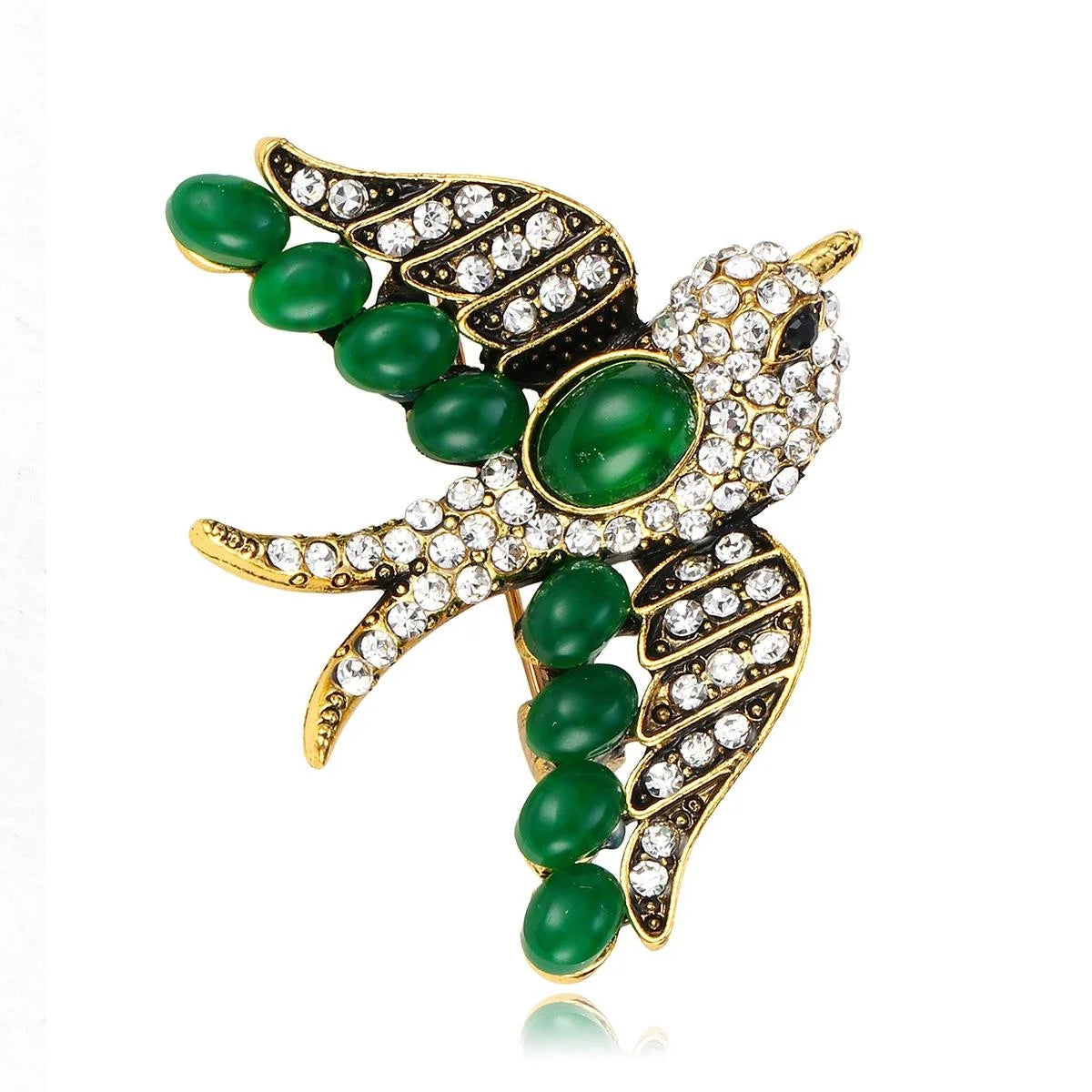 Elegant Chinese Style Swift Bird Brooch With Green Cabochon And Rhinestones, Alloy Lapel Pin Gift