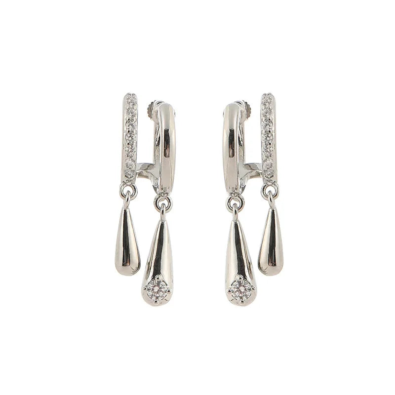 Elegant Zircon Double Hoop Teardrop Dangle Stud & Clip On No Piercing Silver Needle Fashion Earrings