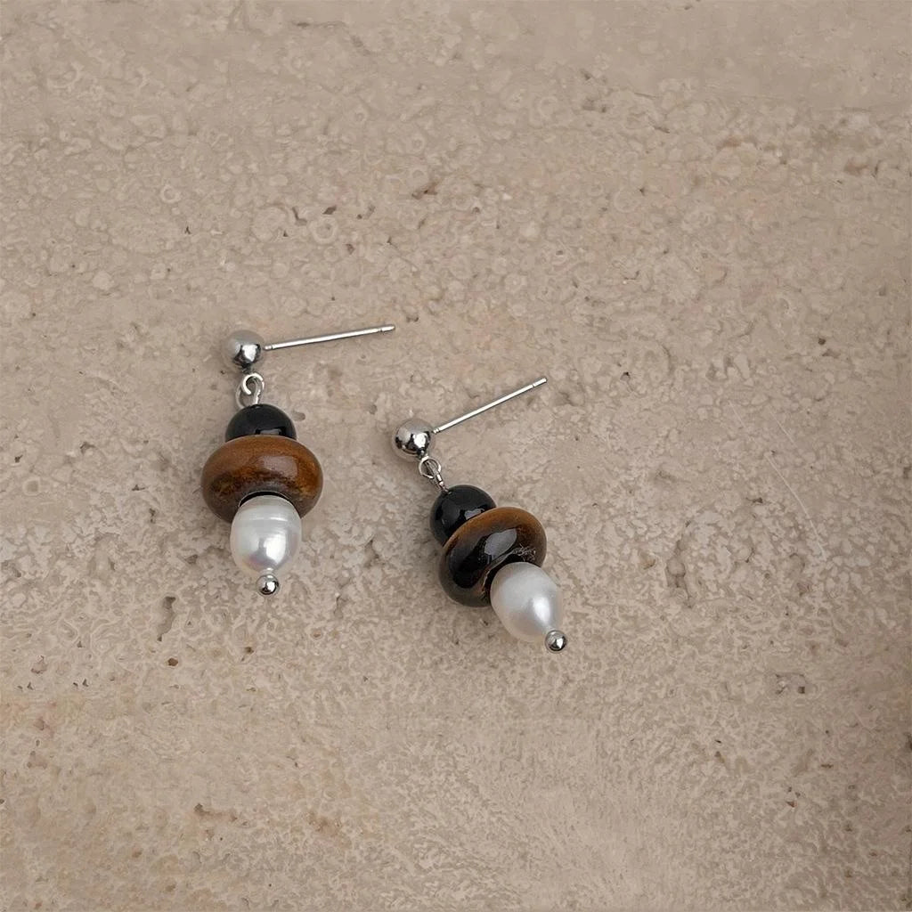 Handmade Vintage Hong Kong Style Freshwater Pearl Tiger Eye Natural Stone Round Oval Hoop Drop Earrings