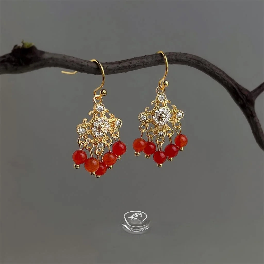 Vintage Ethnic New Chinese Red Agate Micro Pave Zircon Tassel Drop Earrings Geometric Ring Design