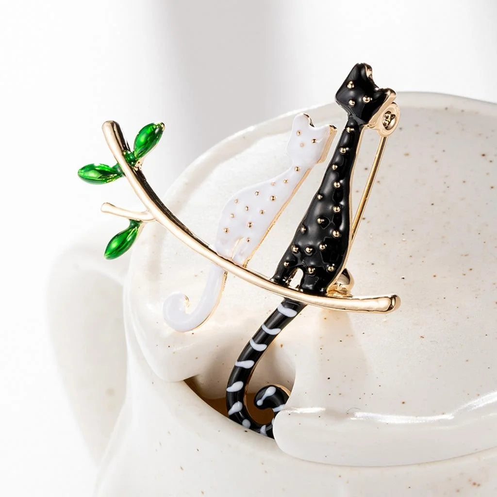 Cute Enamel Two Cats On Golden Branch Brooch For Women, Elegant Animal Lapel Pin Corsage Gift