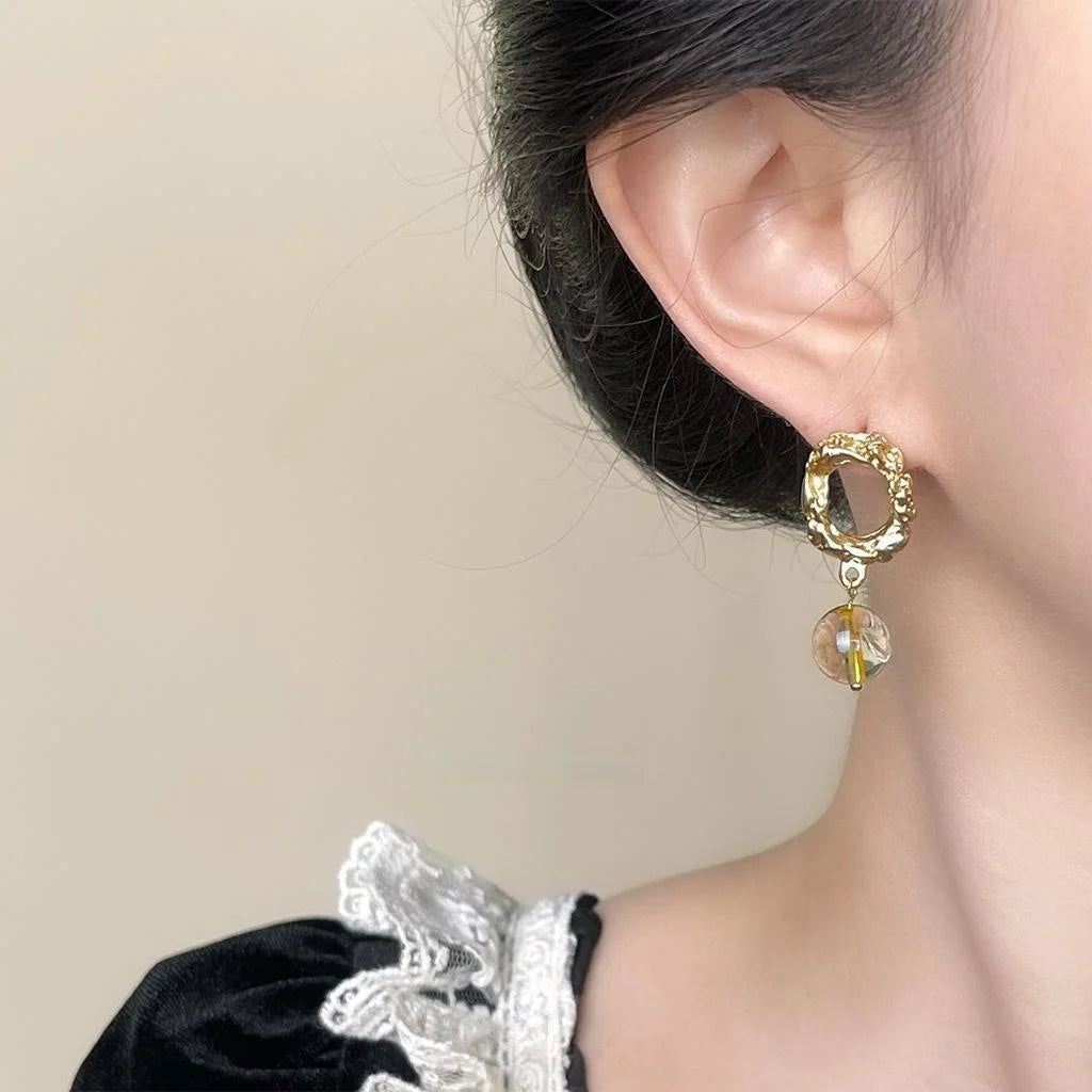 French Vintage Matte Gold Plated Natural Citrine Crystal Geometric Hoop Drop Earrings