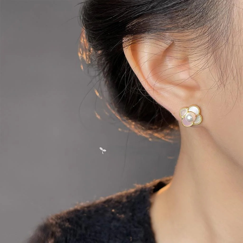 Elegant 14K Gold Plated Copper Natural Shell Flower Stud Earrings For Women