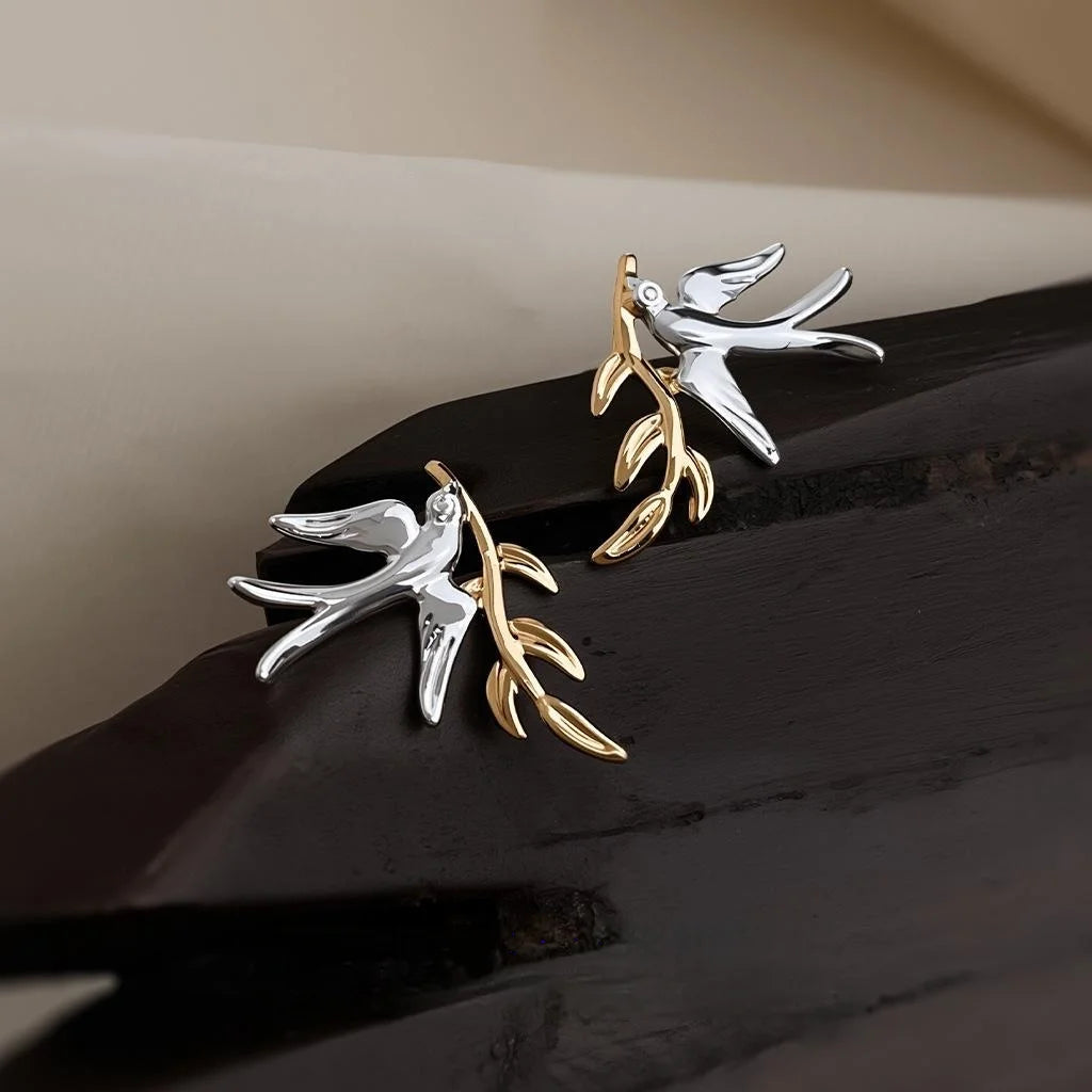 Designer Two Tone Gold Silver Plated Copper Swallow Stud Earrings Style Summer Jewelry