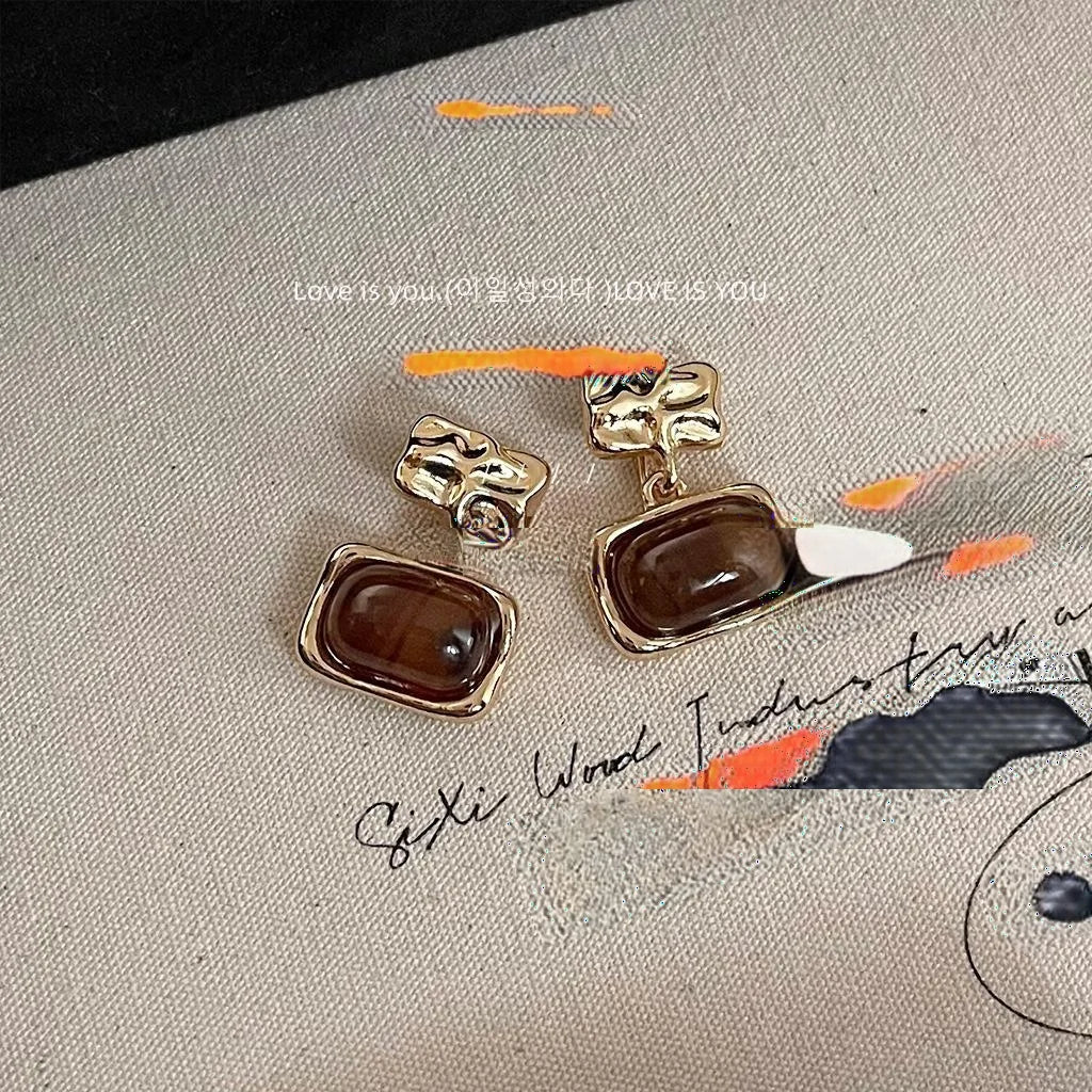 French Vintage Geometric Square Copper Resin Drop Earrings Elegant Handmade Fashion Jewelry