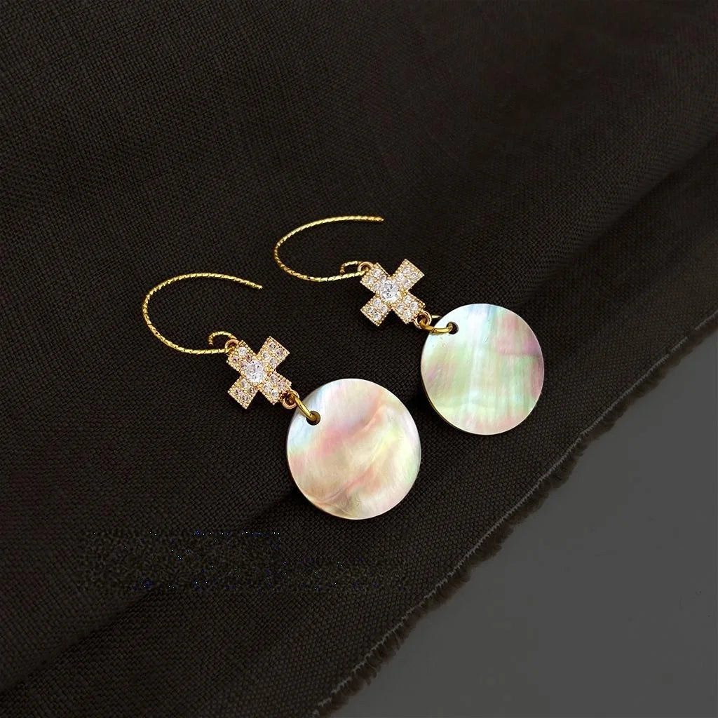 French Vintage Copper Natural Shell Micro Pave Zircon Geometric Round Drop Earrings