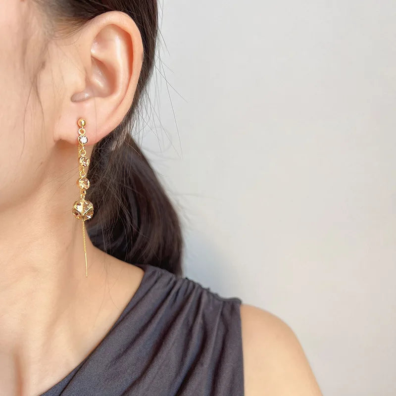 Elegant Brown Rhinestone Ball Spiral Chain Tassel Stud & Clip On No Piercing Long Drop Earrings