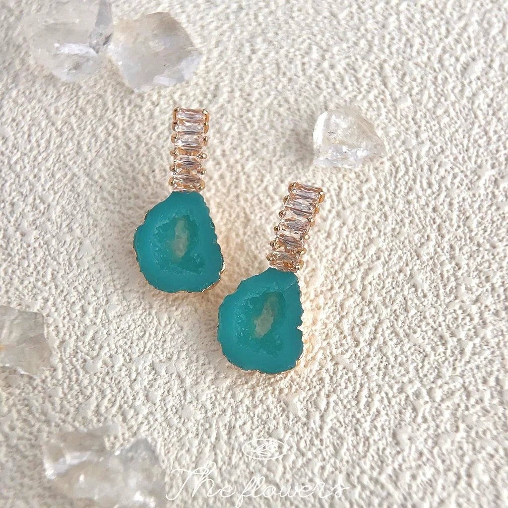 Ice Blue Resin Zircon Drop Earrings Irregular Geometric Ethnic Style Micro Pave Jewelry