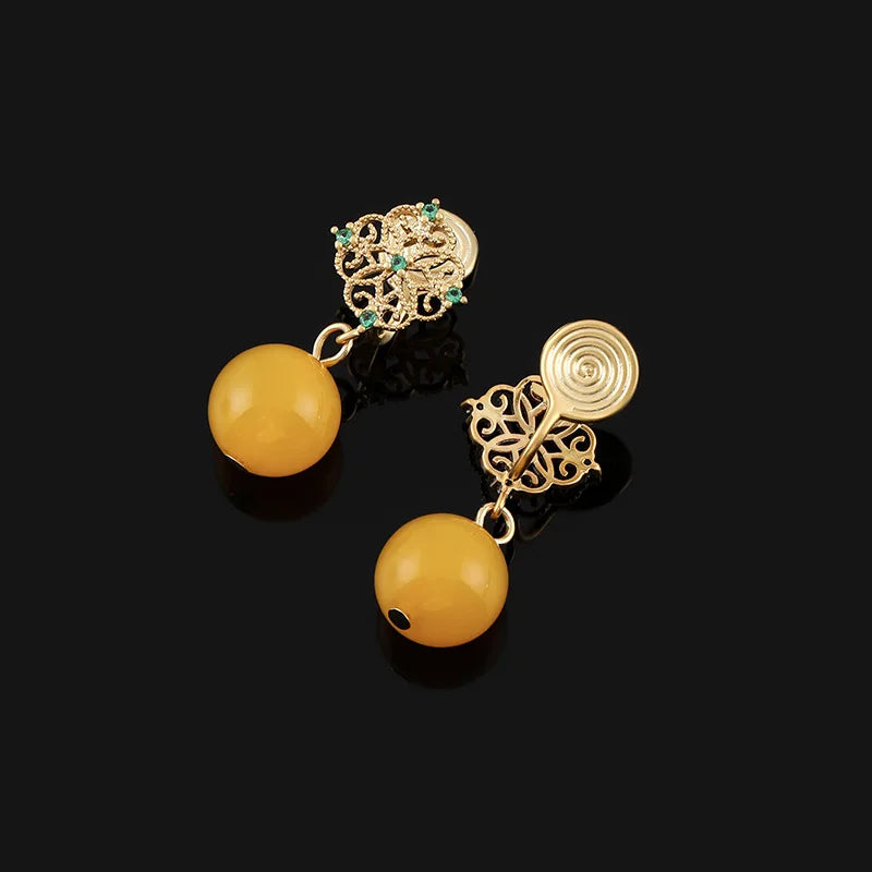Vintage Gold Alloy Filigree Spiral Yellow Agate Bead Drop Stud & Clip On No Piercing Earrings