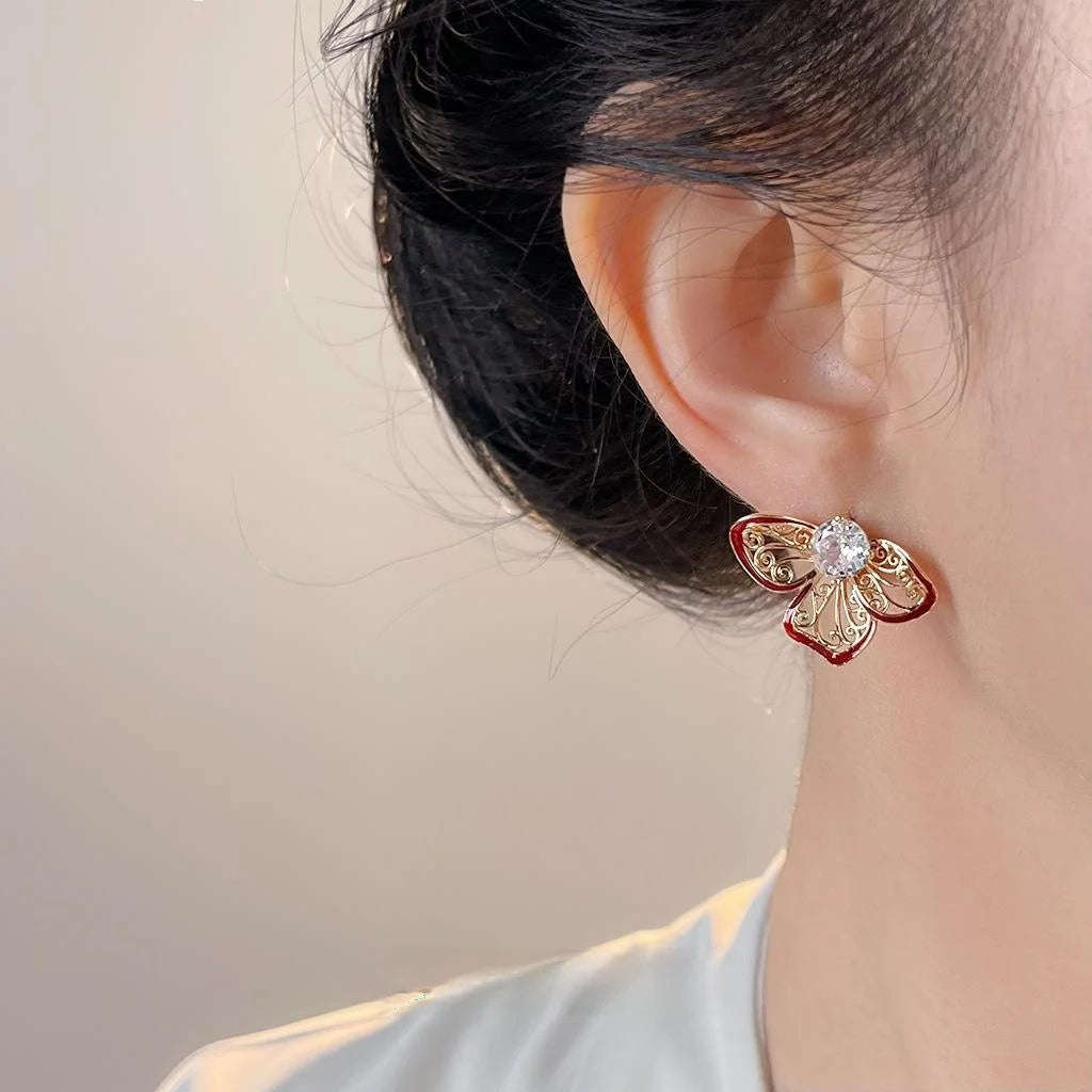 Vintage Floral Enamel Drip Glaze Hollow Zircon Copper Drop Earrings