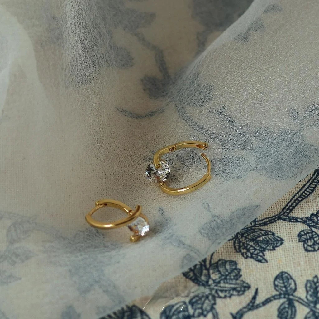 14K Gold Plated Zircon Round Geometric Stud Earrings Minimalist Korean Japanese Style
