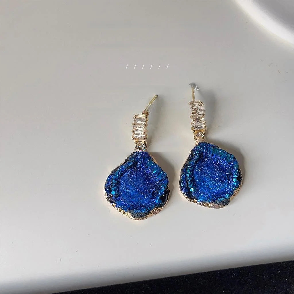 Klein Blue Faceted Crystal Geometric Drop Earrings Irregular Drip Glaze Copper Jewelry